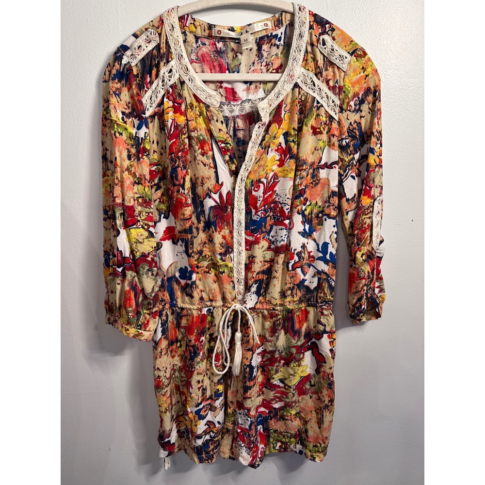Chelsea & Violet Womens Multi Color Abstract Floral Crochet Trim Romper Medium